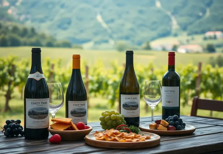 Bottiglie di vino e stuzzichini su un tavolo in vigneto, perfetti per scoprire i refosco abbinamenti.