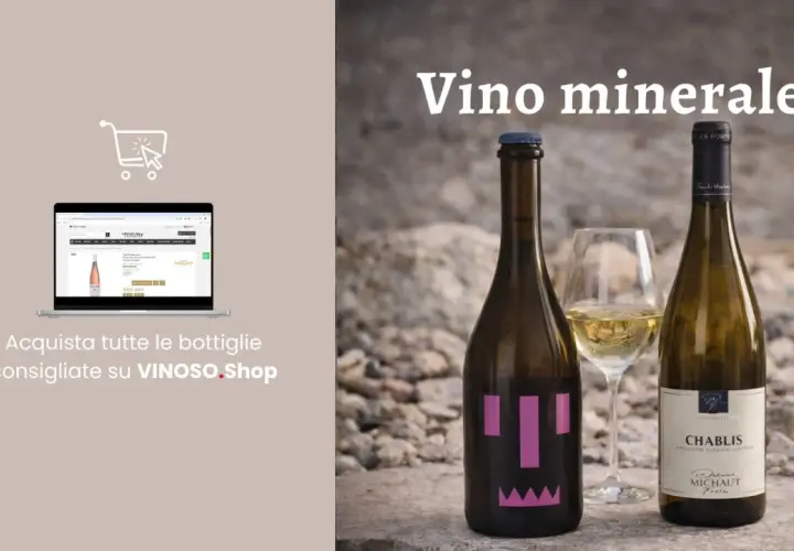 Vino minerale: due bottiglie e un bicchiere di vino bianco su uno sfondo roccioso. A sinistra, un laptop mostra il sito VINOSO.Shop.