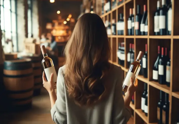 Donna sceglie tra due bottiglie di vino in una cantina. Scaffali pieni di bottiglie e botti sullo sfondo.