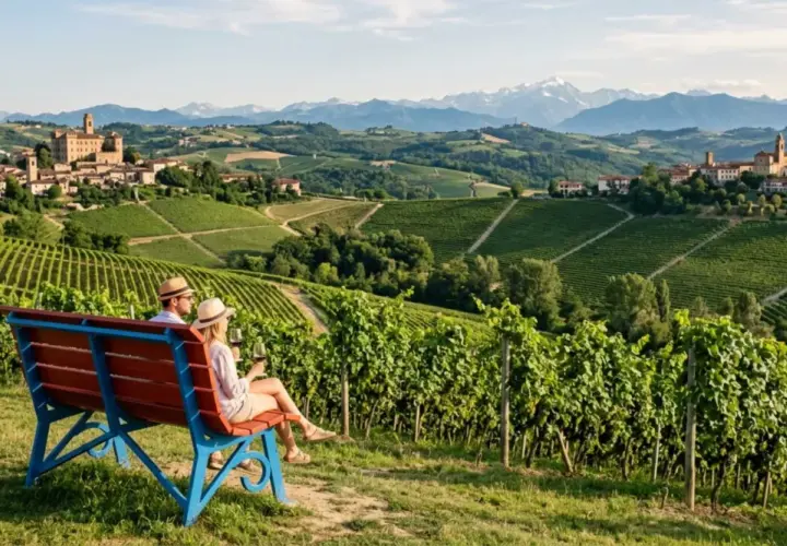 Coppia su una panchina ammira il panorama delle Langhe, un perfetto tour enogastronomico tra vigneti e borghi storici.