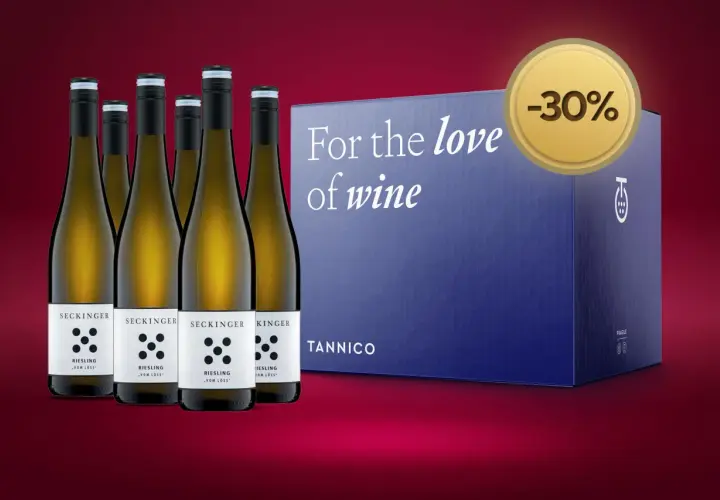 Sei bottiglie di Riesling Seckinger, con scatola "For the love of wine" e sconto del 30%. Tannico, il significato del buon vino.