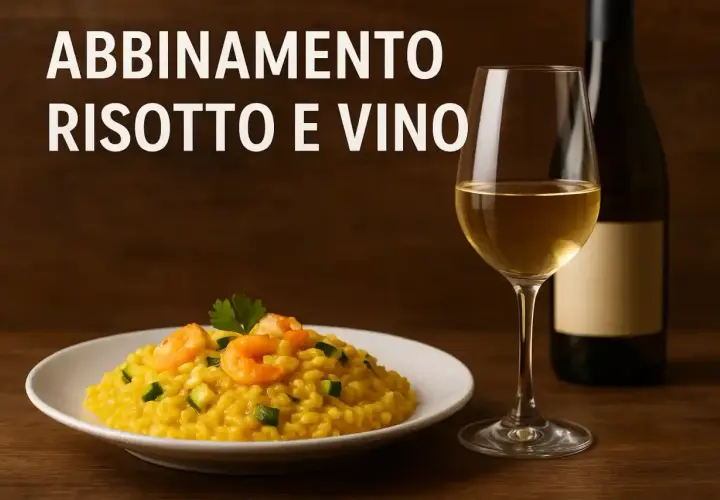 Abbinamento vino e risotto allo zafferano con gamberi e zucchine. Un bicchiere di vino bianco e una bottiglia completano la scena.