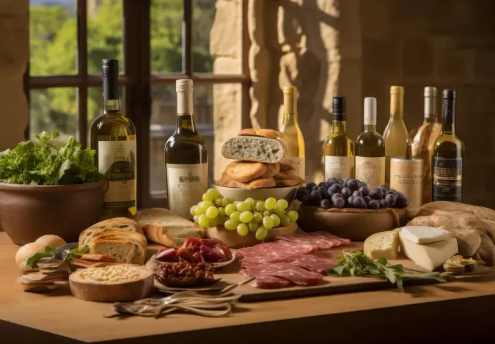 Un ricco aperitivo in vigna in Campania: bottiglie di vino, pane fresco, salumi, formaggi, uva e verdure su un tavolo di legno.