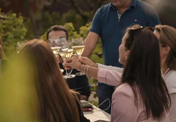 Un brindisi al festival della Franciacorta, con amici che alzano i calici di bollicine dorate in un'atmosfera di festa.