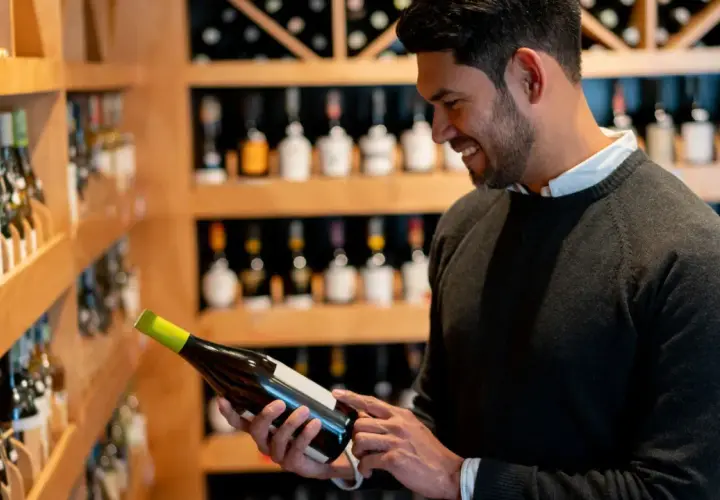 Uomo sorridente sceglie una bottiglia di vino, con scaffali pieni di bottiglie sullo sfondo. La sua unghia del vino è pronta per la degustazione.
