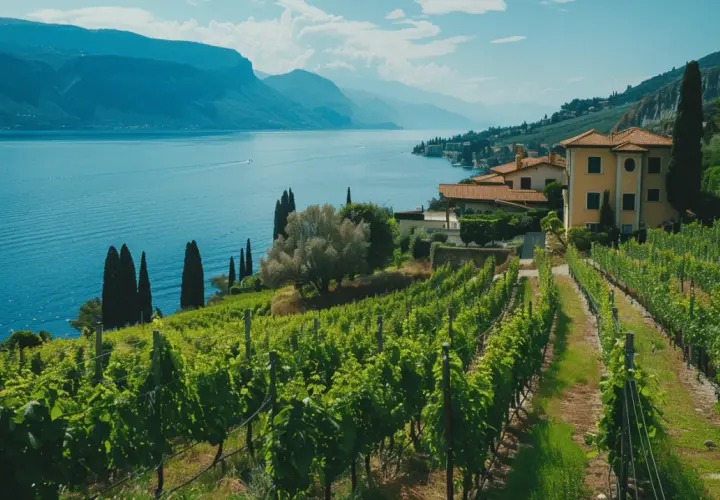 Vigneti rigogliosi con vista sul lago azzurro e montagne. Ideale per una degustazione vini Marche in un contesto da sogno.