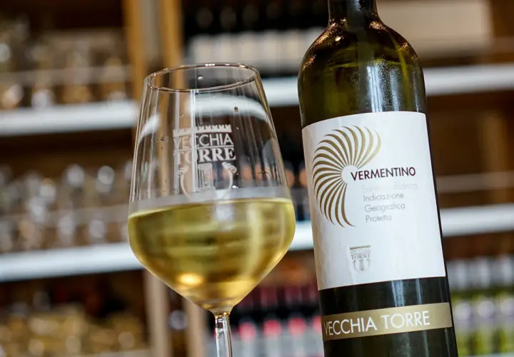 Calice di Vermentino Salento Bianco, perfetto per scoprire i suoi abbinamenti con pesce e crostacei.