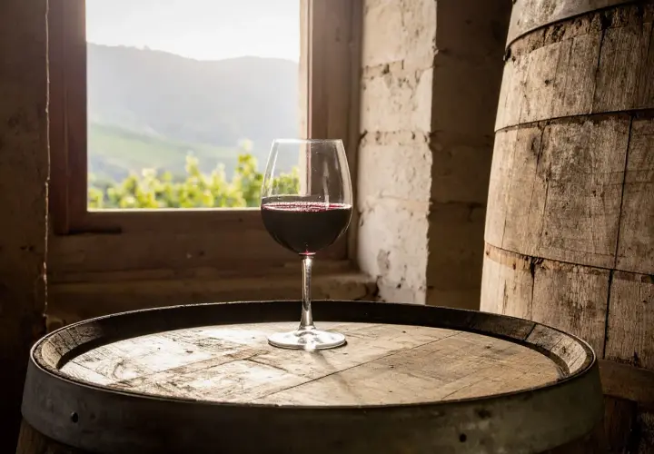 Calice di vino rosso su una barrique, con vista su vigneti dalla finestra.