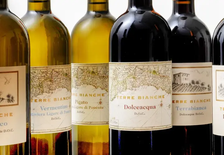 Bottiglie di vino Terre Bianche, con etichette che raffigurano mappe antiche e disegni di ville.