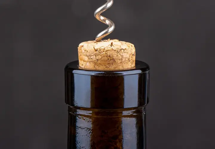 Un cavatappi d'argento è conficcato in un tappo di sughero, pronto ad aprire una bottiglia di vino. Il tappo sa di tappo, promettendo un buon aroma.