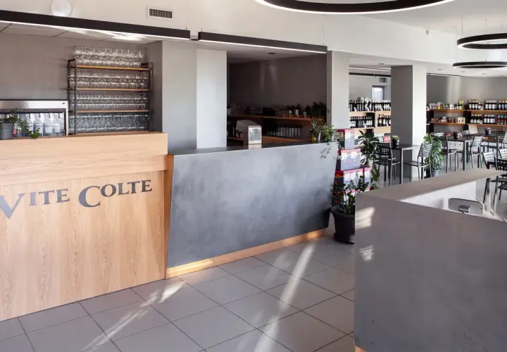 Interno di un negozio di vini con bancone in legno e cemento, scaffali pieni di bottiglie e tavoli pronti per accogliere i clienti. Il logo "Vite Colte" è ben visibile.