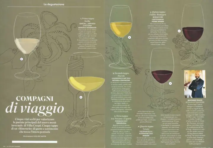 Vini e sapori d'Italia: un viaggio sensoriale con un persistente significato. Cinque tappe, cinque vini, cinque illustrazioni.