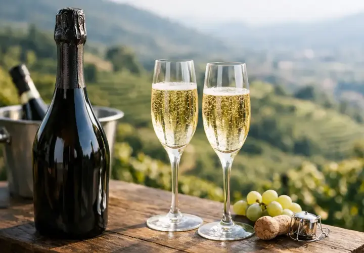 Due calici di spumante millesimato, con una bottiglia in secchiello e grappoli d'uva, su un tavolo di legno con sfondo di colline verdi.