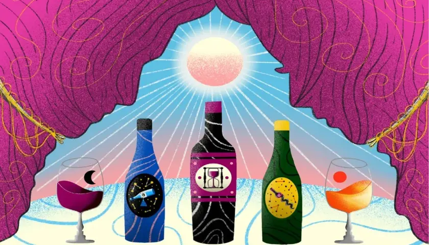 Tre bottiglie di vino e due calici, uno con luna e l'altro con sole. Un'illustrazione surreale che evoca il mistero del gambero rosso cos'è.