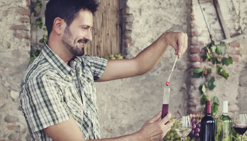 Un uomo controlla l'acidità volatile del vino con un densimetro, circondato da uva e bottiglie.