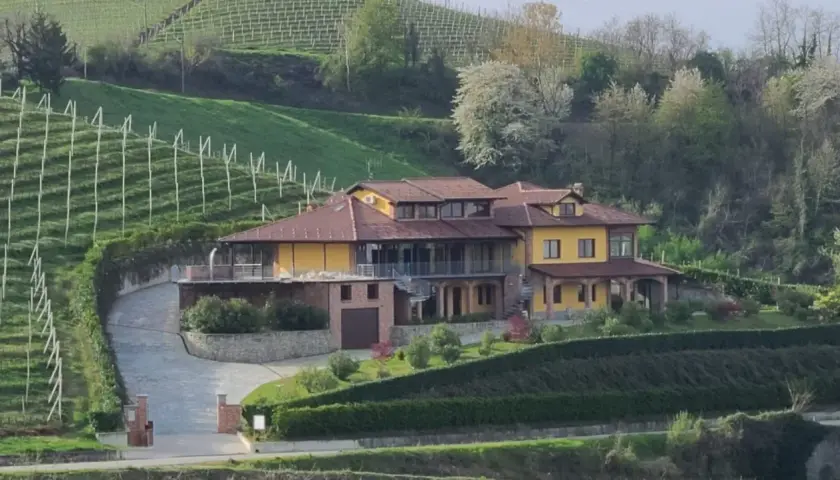 Villa gialla con tetto in tegole rosse, circondata da vigneti e alberi in fiore. Un viale conduce all'ingresso, ricordando un antico bricco maiolica.