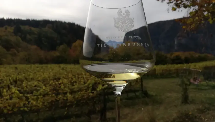 Calice di vino bianco con stemma, sullo sfondo vigneti autunnali e montagne. Un brindisi degno di un feldmaresciallo.