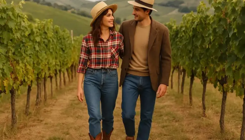 Coppia con cappelli di paglia passeggia tra i filari di vite, perfetta per un outfit aperitivo in vigna.