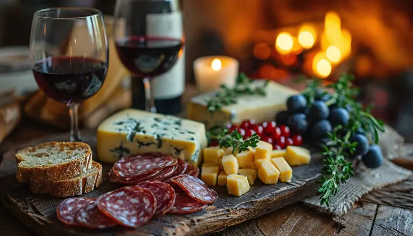 Tagliere con salumi, formaggi, uva e pane, perfetto per i barolo abbinamenti. Un bicchiere di vino rosso e il fuoco creano un'atmosfera calda.