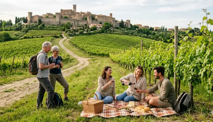Picnic tra vigneti nel Lazio, con un borgo medievale sullo sfondo. Due coppie si godono vino e cibo, un'esperienza da "cantine aperte".