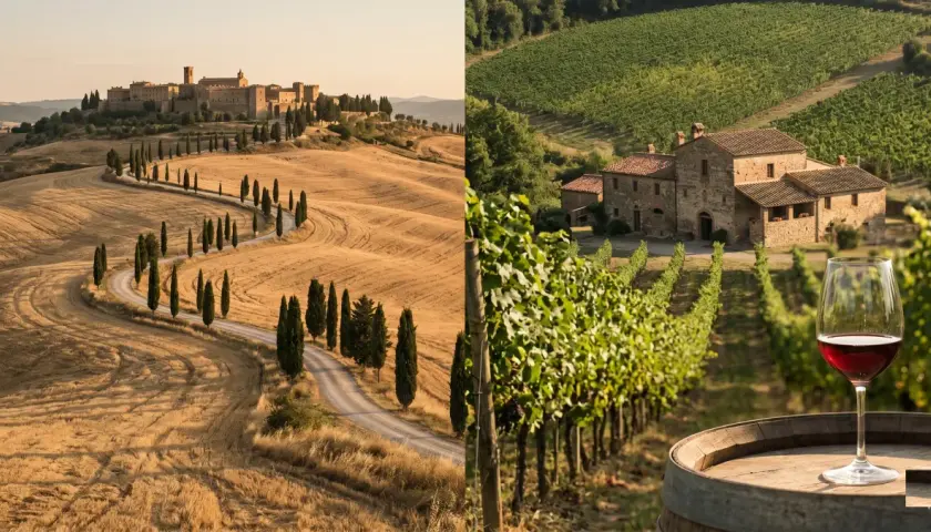 Paesaggio toscano con vigneti del Chianti, un borgo storico e un calice di vino rosso su una botte.