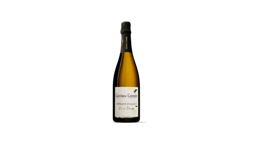 Bottiglia di Crémant d'Alsace Zéro Dosage Gustave Lorentz, con etichetta bianca e dorata.