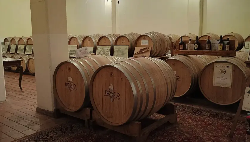Le cantine Bosco Nestore, un'atmosfera d'altri tempi con botti di legno e bottiglie di vino.