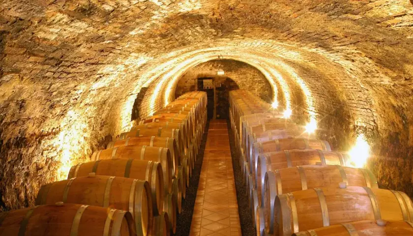 Cantine sotterranee illuminate, piene di botti di legno. Un'esperienza indimenticabile per la tua visita cantine Montalcino.