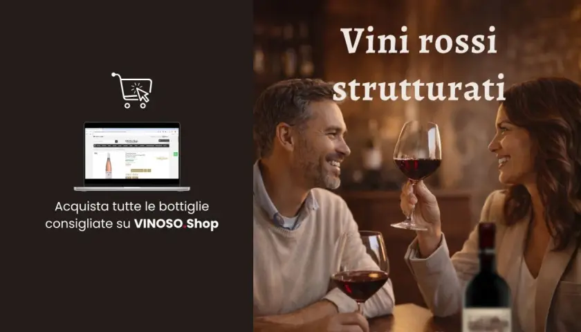 Coppia felice degusta vini rossi strutturati. Acquista le tue bottiglie consigliate su VINOSO Shop.