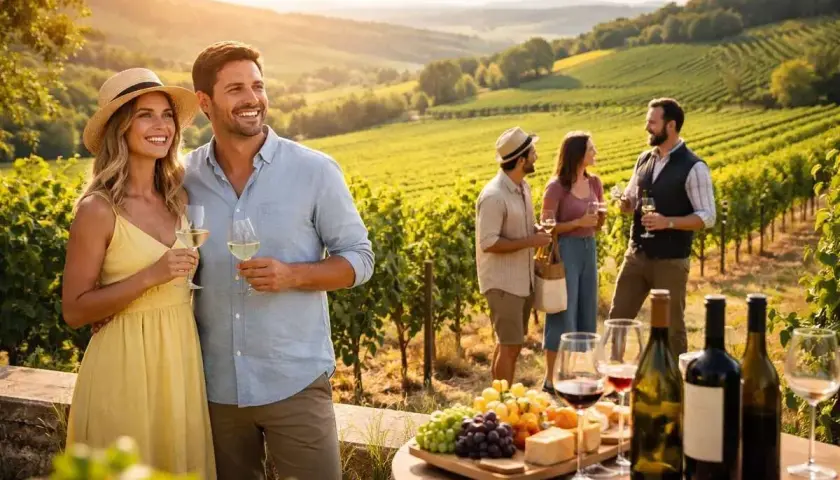 Coppia felice brinda in un vigneto al tramonto, con amici che chiacchierano sullo sfondo. Un tavolo offre formaggi e vino, evocando l'atmosfera di **cottanera**.