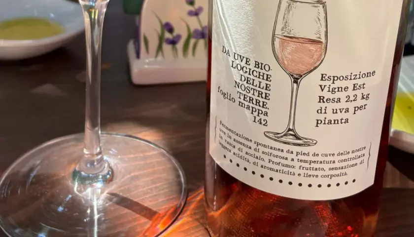 Calice vuoto e bottiglia di vino rosato, pronti per una degustazione vini Sicilia. L'etichetta descrive uve biologiche e note fruttate.