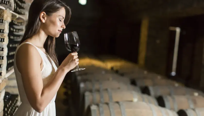 Donna in cantina assapora un bicchiere di vino rosso, un'esperienza che racchiude il vero degustazione significato.