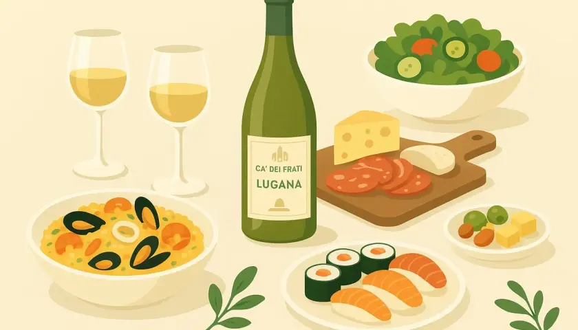 Un tavolino con risotto ai frutti di mare, sushi, insalata, salumi, formaggi e una bottiglia di Lugana. Perfetti abbinamenti per una cena.