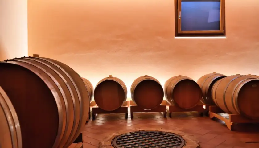 Botti di legno in una cantina del Friuli Venezia Giulia, pronte ad accogliere il vino.