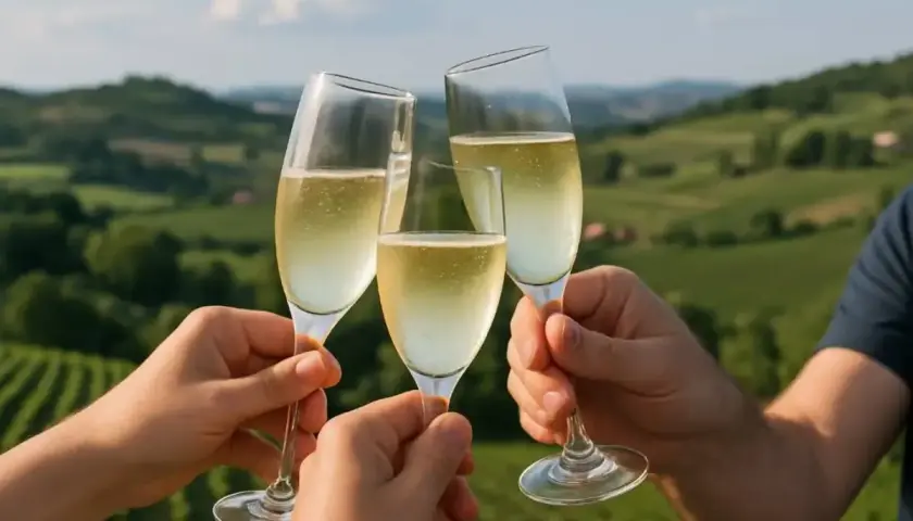 Brindisi con bollicine per un aperitivo in vigna nell'Oltrepò Pavese, tra dolci colline verdi.