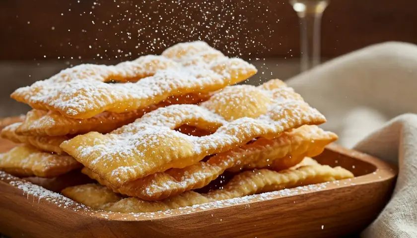 Un piatto di chiacchiere cosparse di zucchero a velo, pronte per essere gustate con un buon bicchiere di vino.