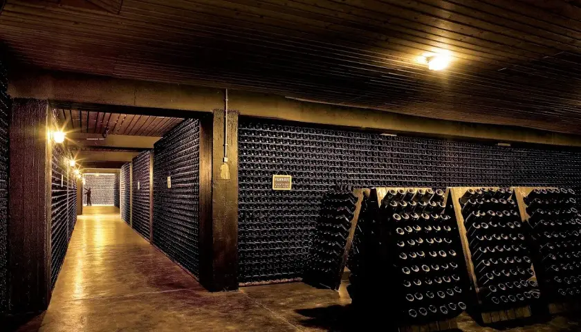 Corridoio di una cantina italiana, con scaffali pieni di bottiglie di vino che si estendono a perdita d'occhio.