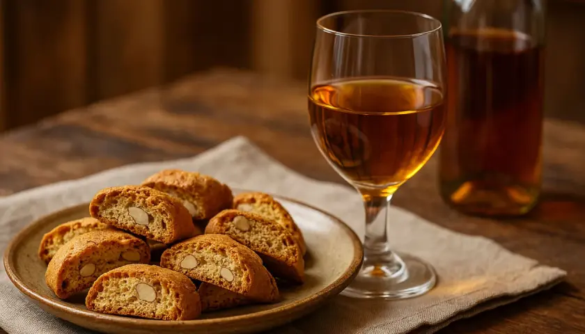 Cantucci e vino: un bicchiere ambrato e biscotti croccanti alle mandorle su un piatto, pronti per essere inzuppati.