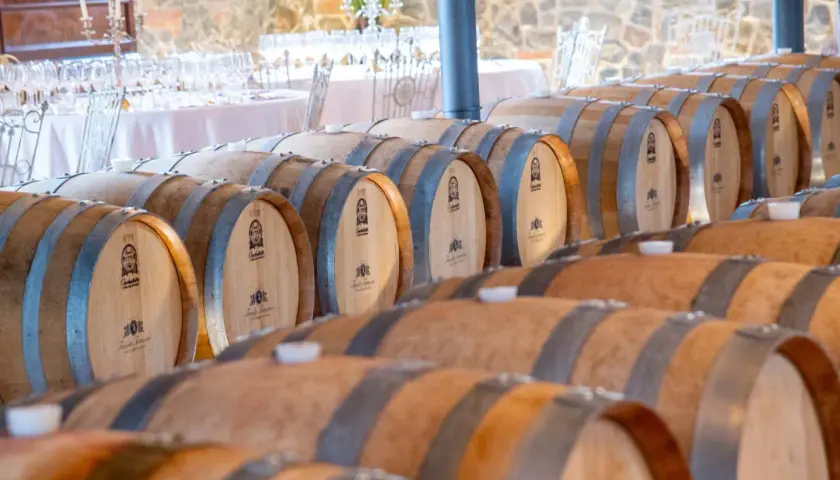 File di botti di legno in una cantina, pronte per l'affinamento. Un'esperienza unica di cantine con pernottamento.