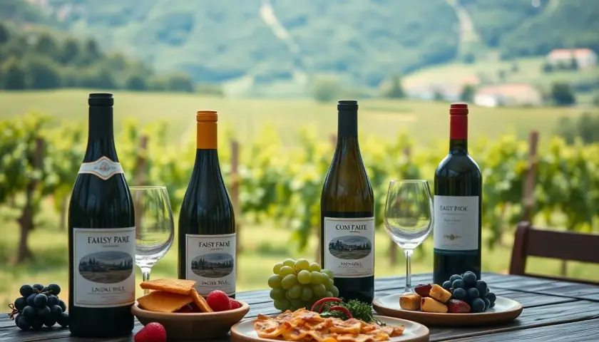 Bottiglie di vino e stuzzichini su un tavolo in vigneto, perfetti per scoprire i refosco abbinamenti.