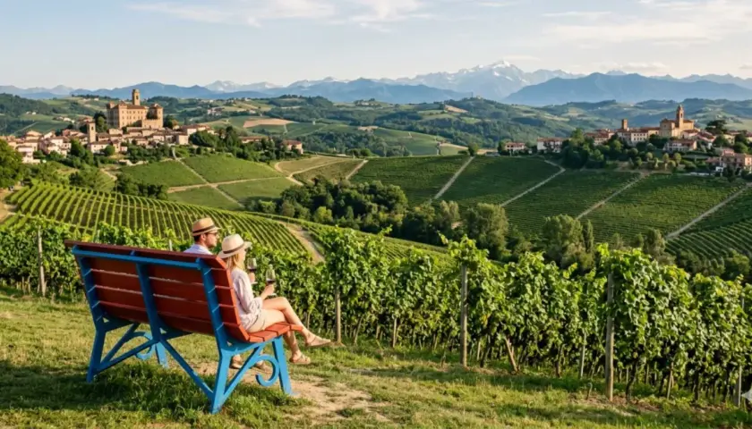 Coppia su una panchina ammira il panorama delle Langhe, un perfetto tour enogastronomico tra vigneti e borghi storici.