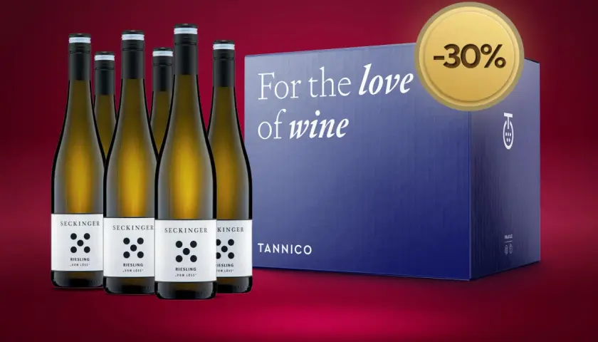 Sei bottiglie di Riesling Seckinger, con scatola "For the love of wine" e sconto del 30%. Tannico, il significato del buon vino.