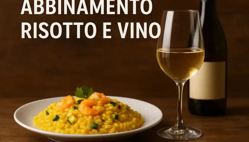 Abbinamento vino e risotto allo zafferano con gamberi e zucchine. Un bicchiere di vino bianco e una bottiglia completano la scena.