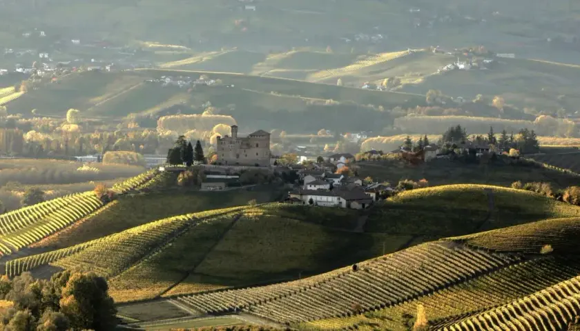 Colline vitate al tramonto, con un castello che domina la **cascina Pugnane**. L'autunno tinge di giallo e verde i vigneti terrazzati.