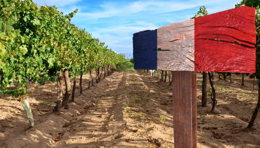 Vigneto con cartello tricolore francese, che evoca la differenza tra cabernet franc e cabernet sauvignon, uve simbolo della Francia.