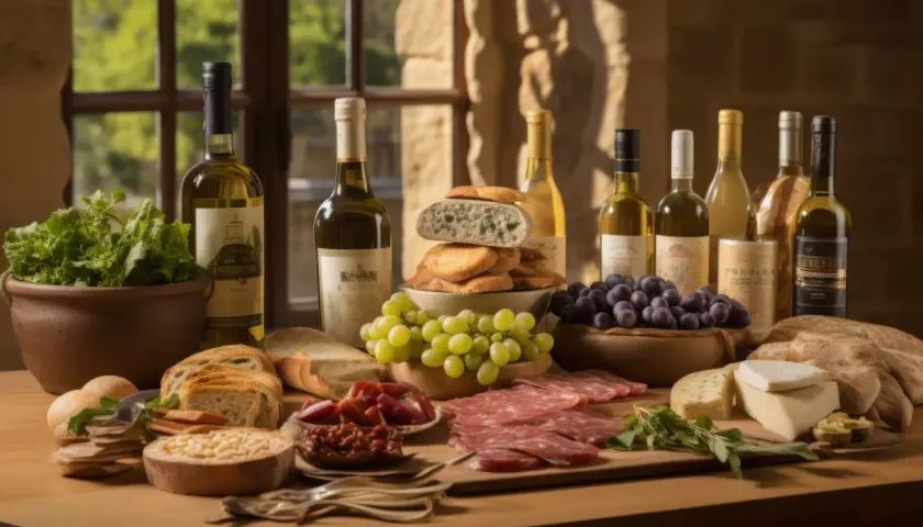 Un ricco aperitivo in vigna in Campania: bottiglie di vino, pane fresco, salumi, formaggi, uva e verdure su un tavolo di legno.