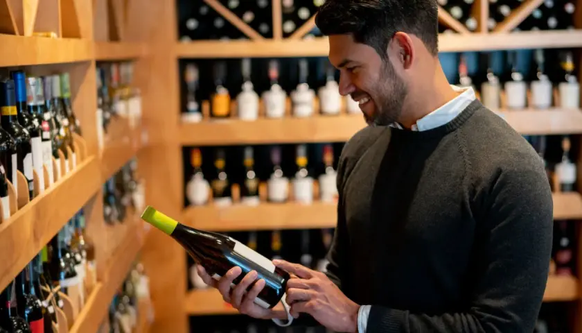 Uomo sorridente sceglie una bottiglia di vino, con scaffali pieni di bottiglie sullo sfondo. La sua unghia del vino è pronta per la degustazione.