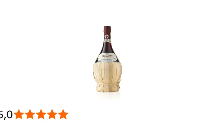 Bottiglia di Chianti Classico Castelgreve, con cestino in paglia. Un classico vino toscano.