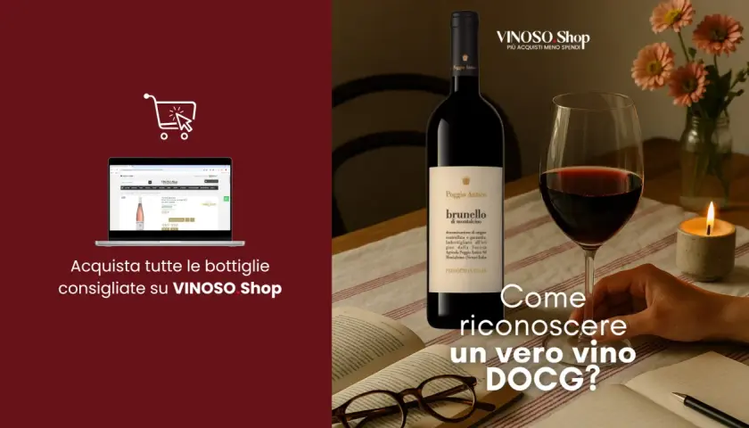 Bottiglia di vino Brunello di Montalcino, con la sua origine DOCG ben visibile. Un calice di vino rosso e un libro aperto invitano a scoprire la qualità.