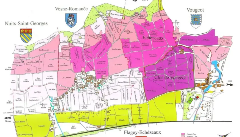 Mappa dei vigneti della Borgogna, con particolare attenzione a Vosne-Romanée e Vougeot. Il climat è dettagliato, mostrando la suddivisione dei cru.